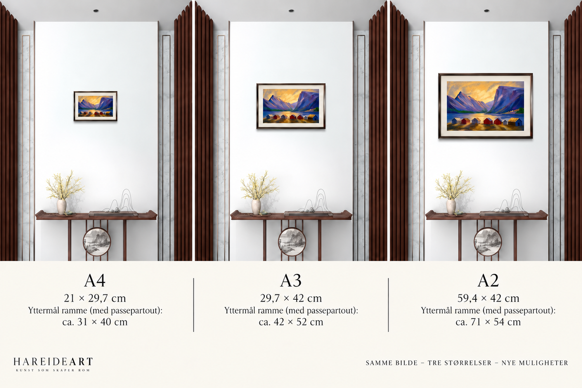 Mellom fjellene – innrammet giclée-kunsttrykk på vegg, mørke fjell i blått og fiolett med lysgjennombrudd, HareideART