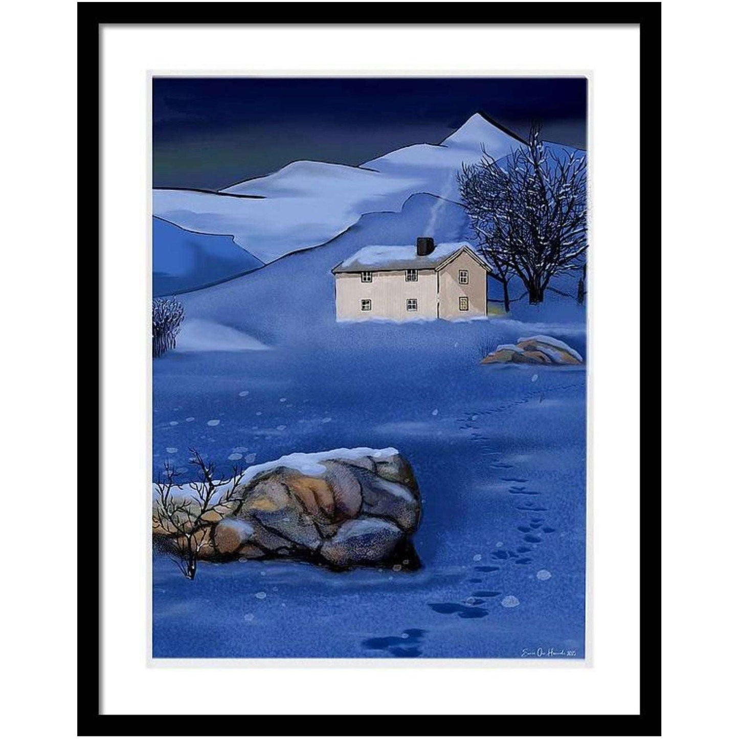 Vinterlandskap – stille norsk vintermotiv med snødekket mark og kald blåhvit atmosfære, kunstprint av HareideART