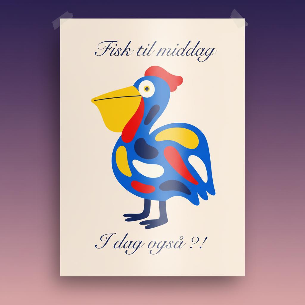 Fisk til middag i dag også – humoristisk figurativt motiv om norsk fisketradisjon og hverdagsliv, kunstprint av HareideART