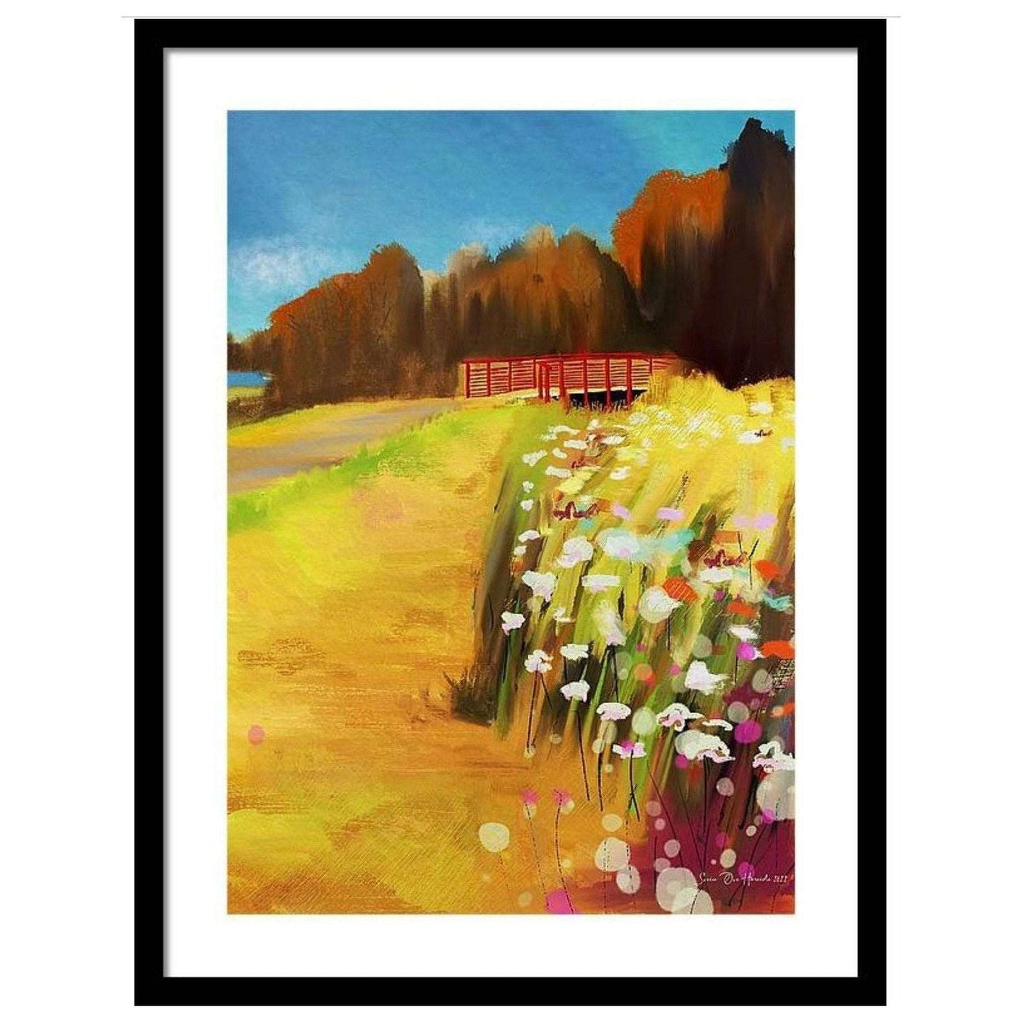 Abstrakt naturscene fra turstien rundt Langvannet i Østmarka – frodig skogsti i levende farger og rolig atmosfære, digitalt kunstprint av HareideART
