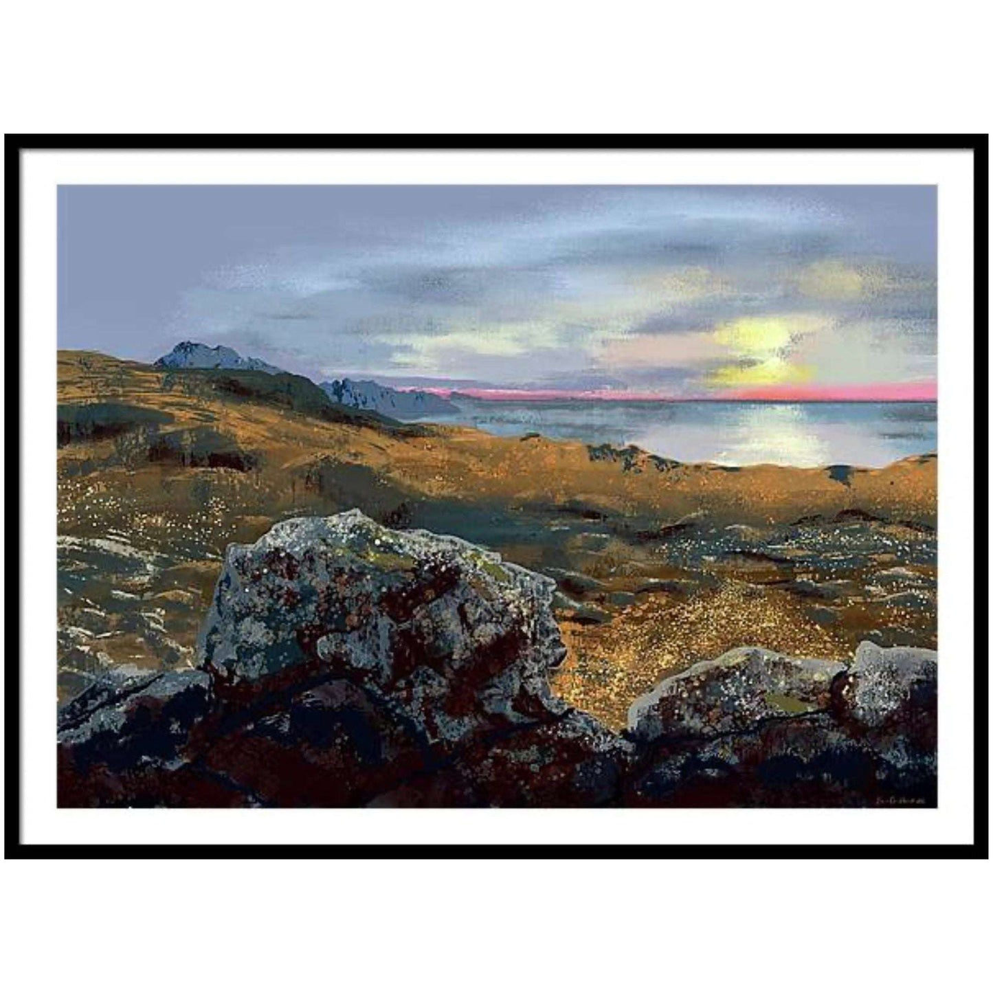 Solnedgang i nord – dramatisk arktisk solnedgang med gloende himmel over nordnorsk landskap, kunstprint av HareideART