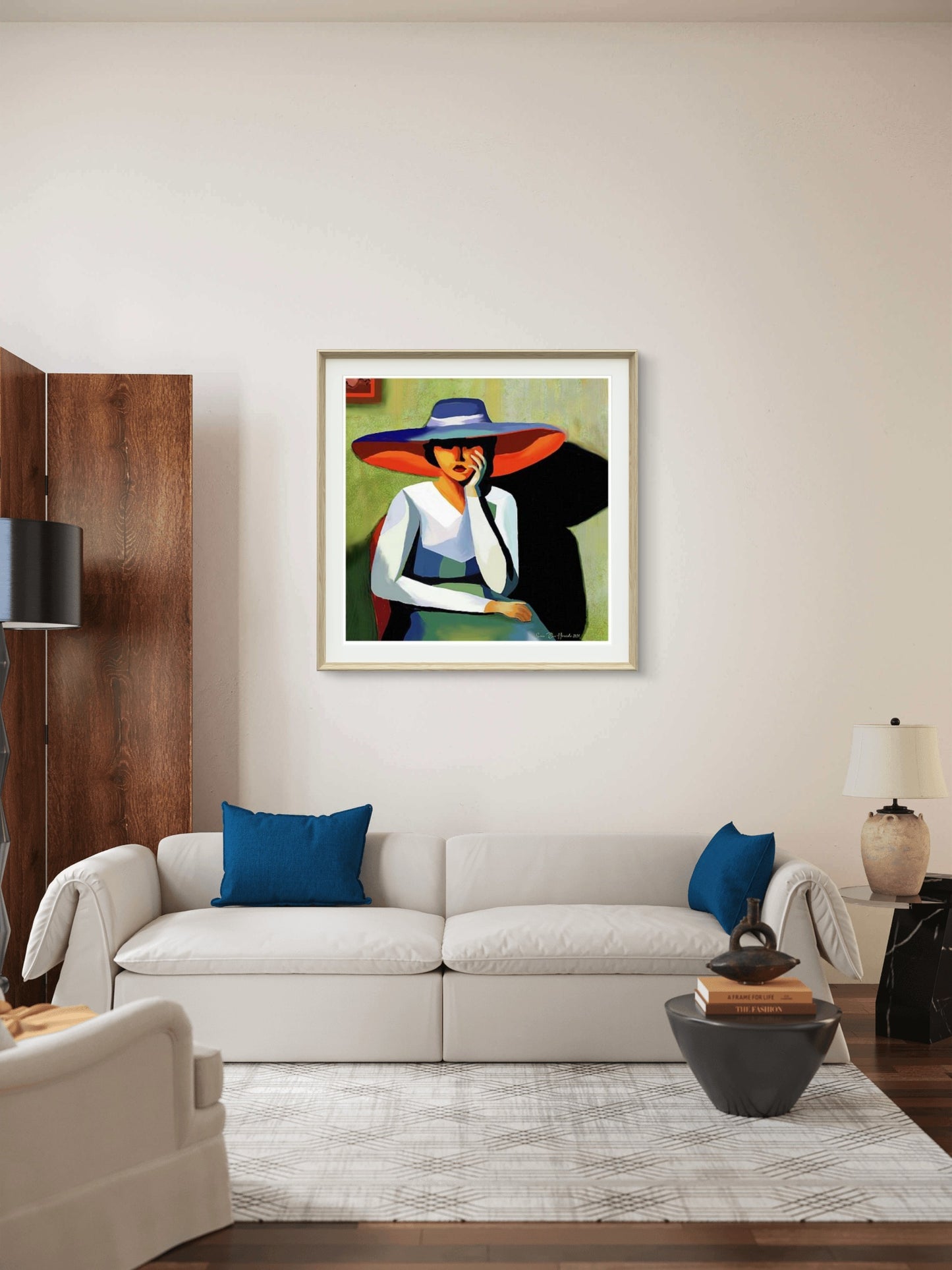 Big hat portrait – elegant figurativt portrett med stor hatt og sterk tilstedeværelse og karakter, kunstprint av HareideART