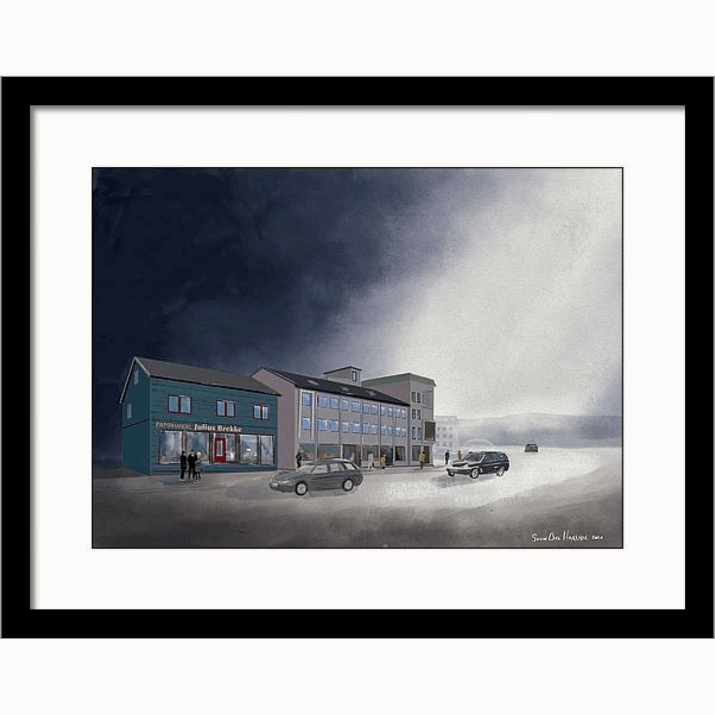 Brekkegården Narvik i sort ramme – historisk bybygning oppkalt etter Julius Brekke, kunstprint av HareideART