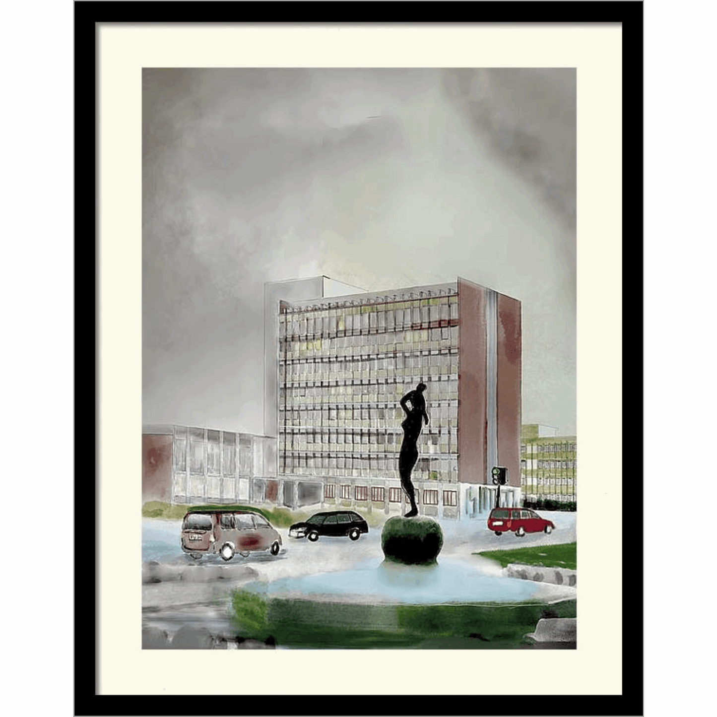 Dama på torvet med rådhuset Narvik i sort ramme – Frihetsmonumentet av Finn Eriksen, kunstprint av HareideART