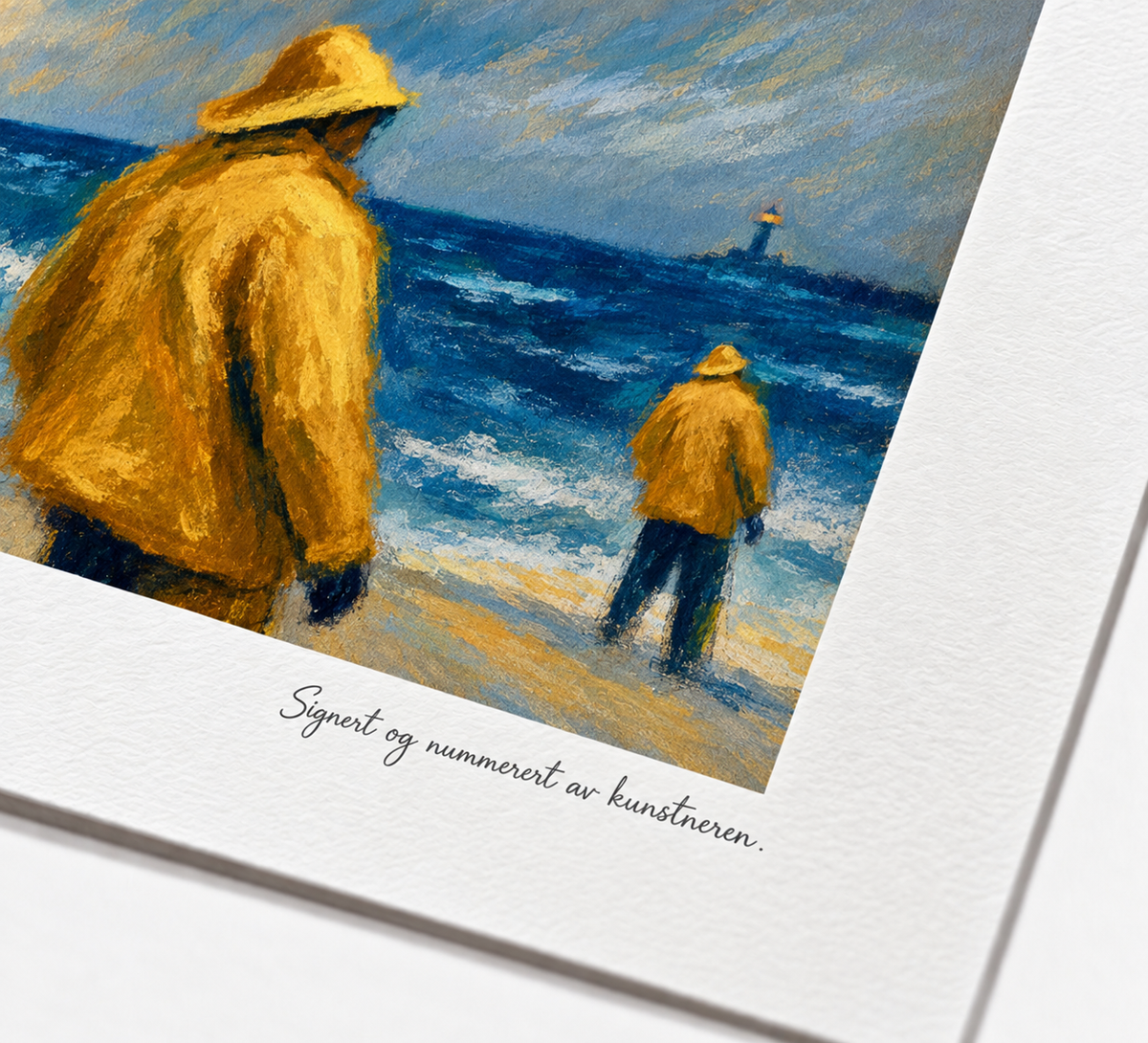 Brødre ved Havet – nordnorsk figurativt kystlivsmotiv, mockup på vegg av HareideART