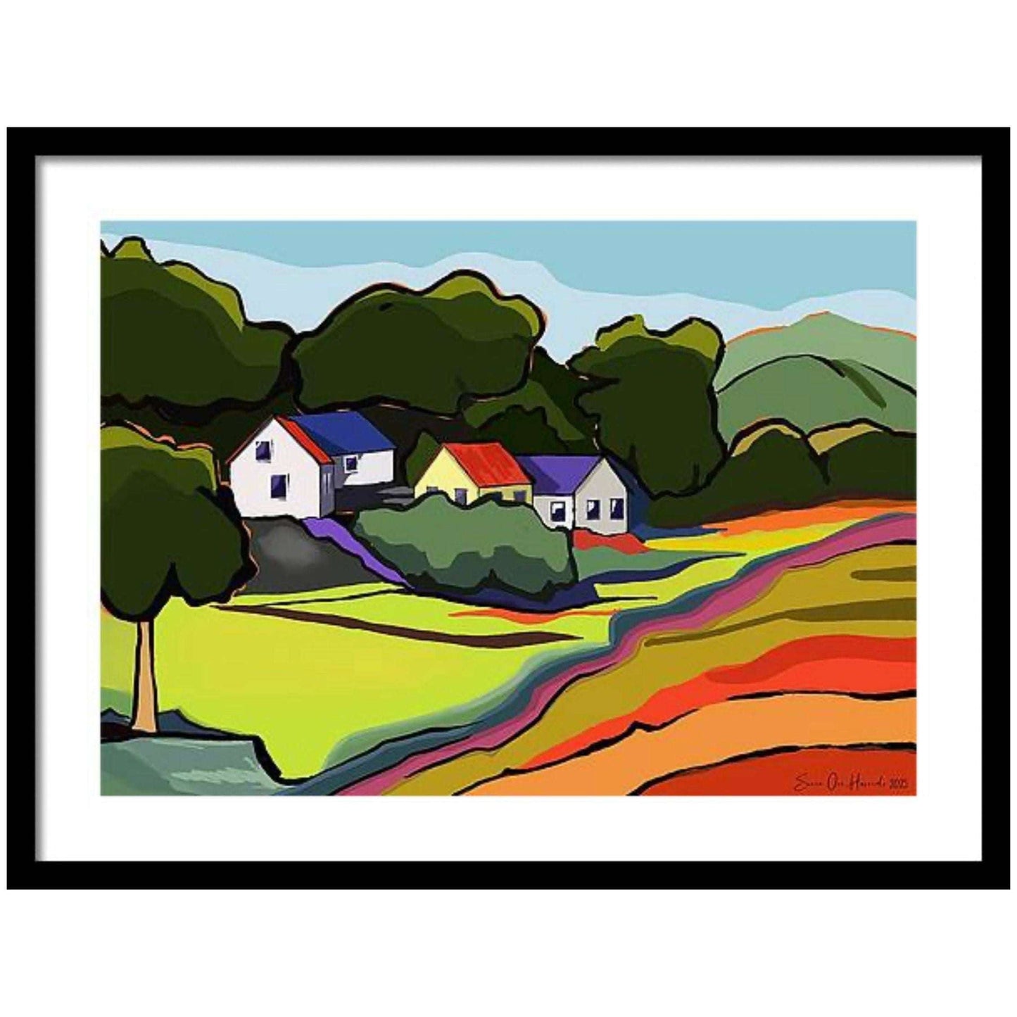 Landsbyens harmoni – fargerikt landsbymotiv med hjem, natur og blomstrende enger i varm komposisjon, kunstprint av HareideART