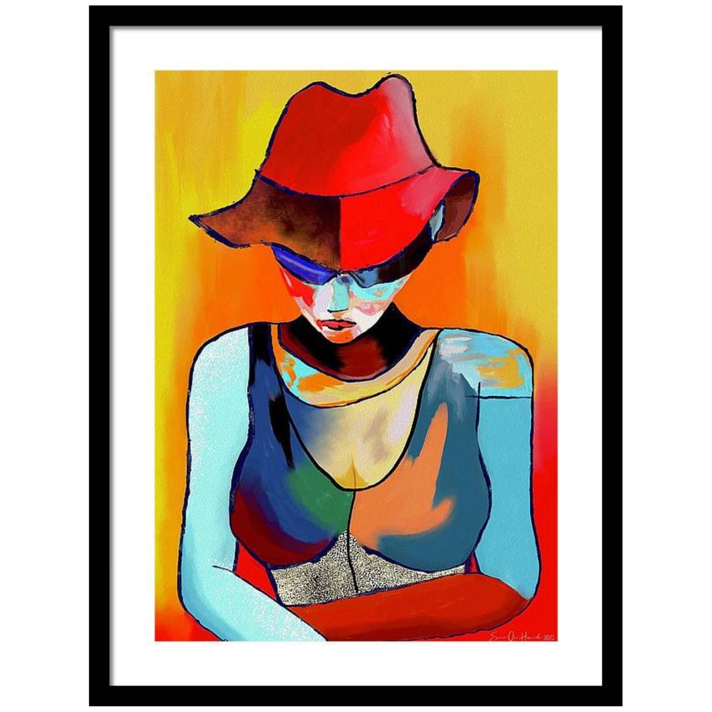 Woman with sunglasses i sort ramme