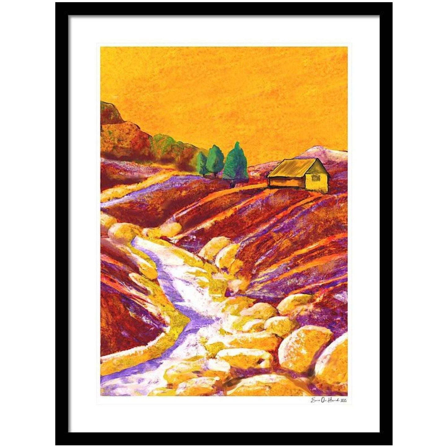 Hytta og elva – nostalgisk norsk hyttemotiv med elv og grønn natur i harmonisk samspill, kunstprint av HareideART
