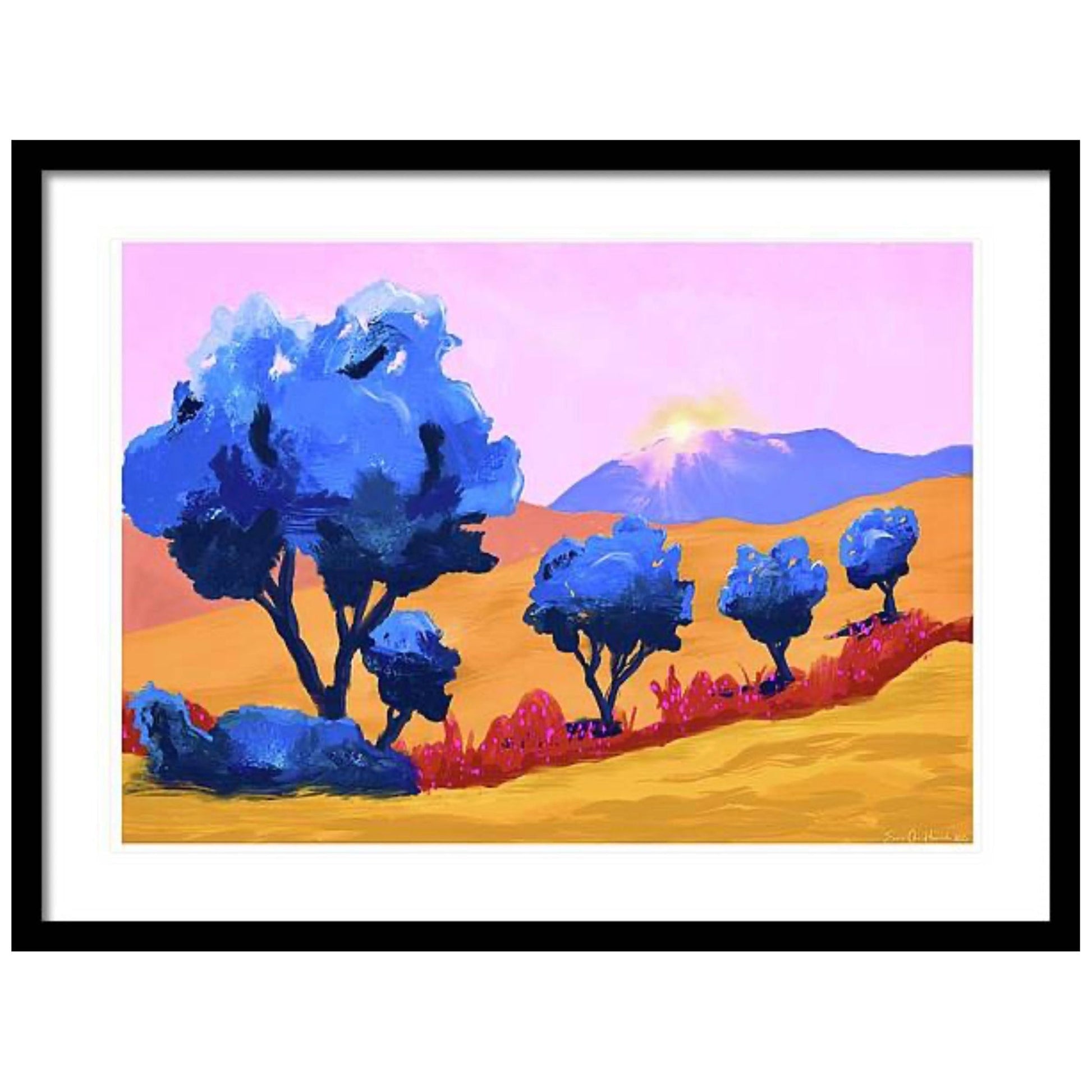 Drømmende Elvedal: Blå Trær og Enegulbrune Åser - HareideART