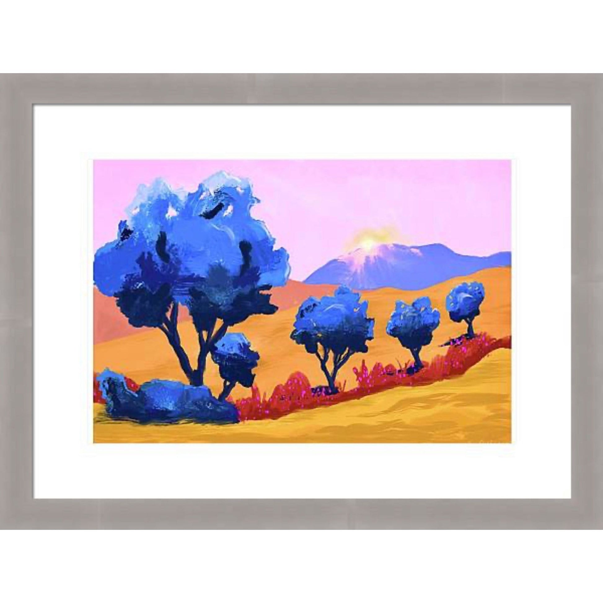 Drømmende Elvedal: Blå Trær og Enegulbrune Åser - HareideART