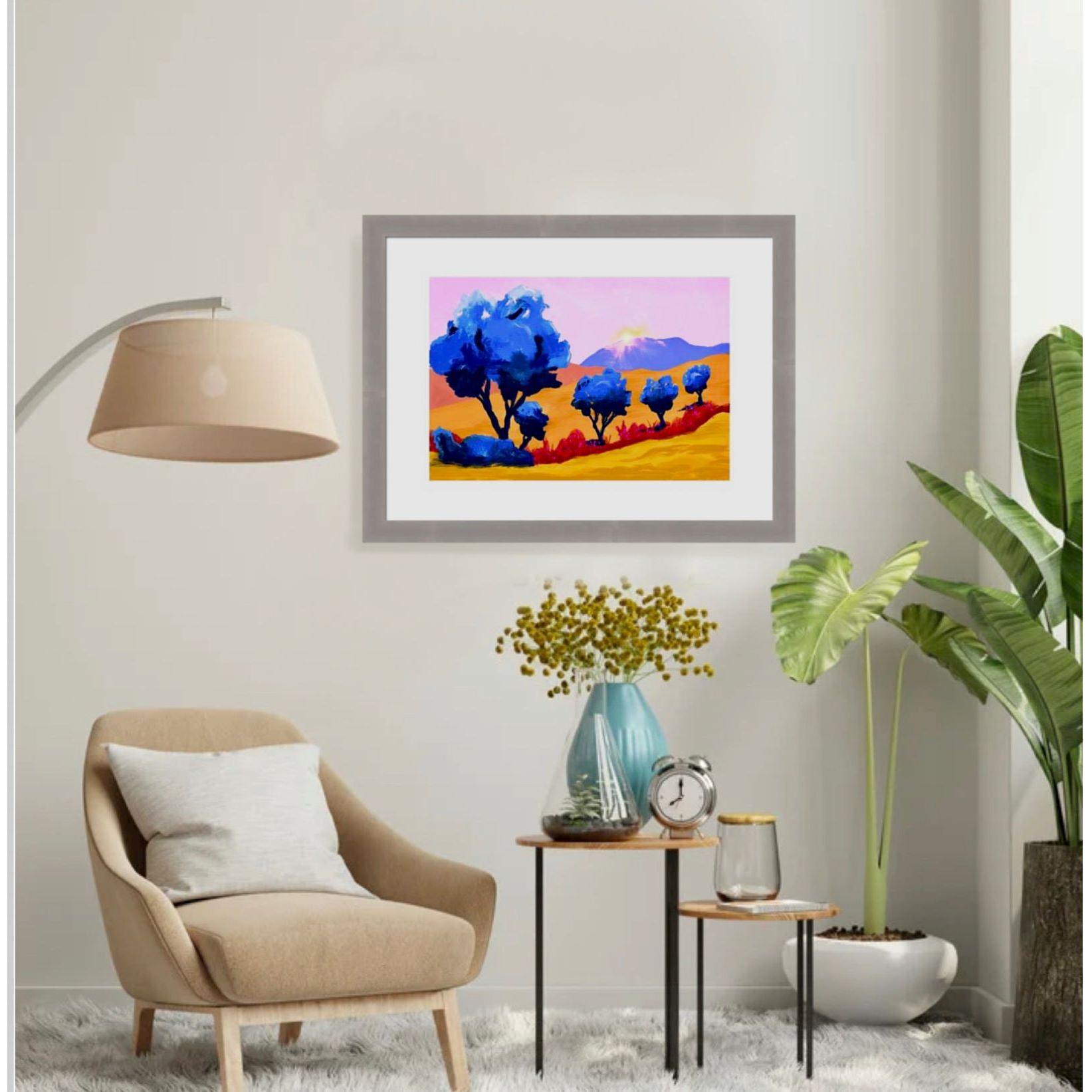 Drømmende Elvedal: Blå Trær og Enegulbrune Åser - HareideART