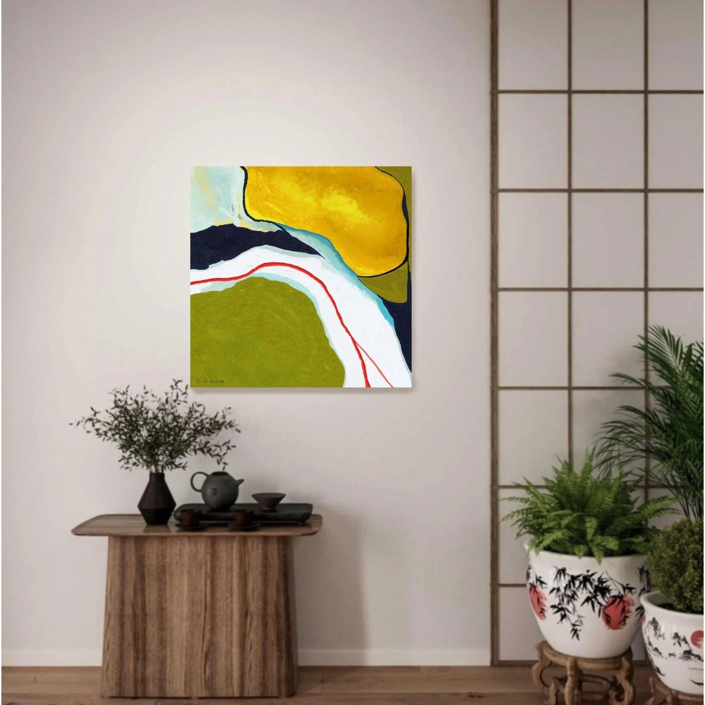 Red thread – abstract artwork with a bold red thread winding through the composition as a symbol of connection, kunstprint av HareideART