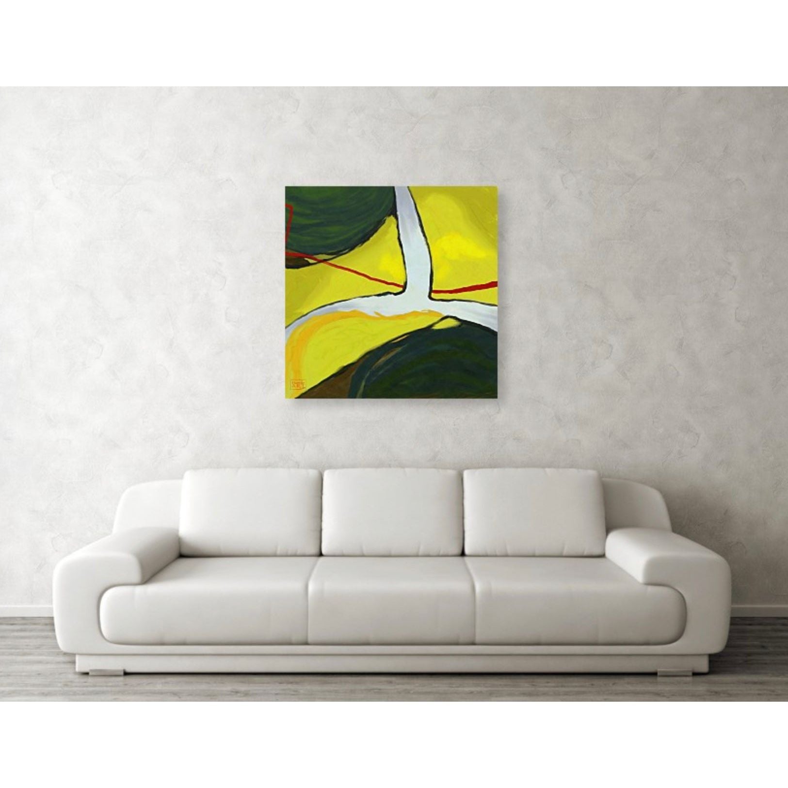 Red line in yellow landscape - over sofa  HareideART