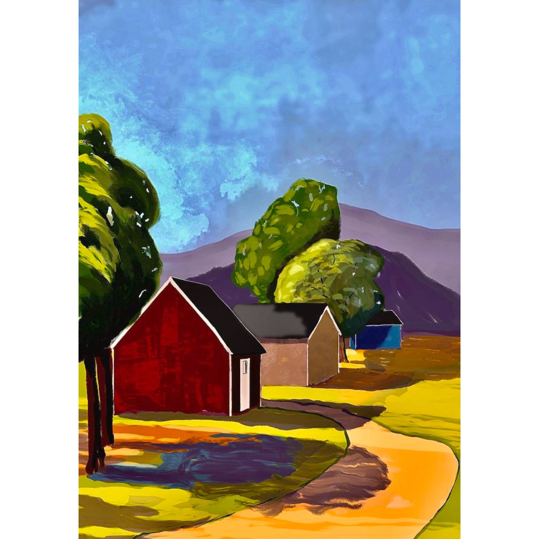 Tre hus i ettermiddagssolen - uten ramme HareideART