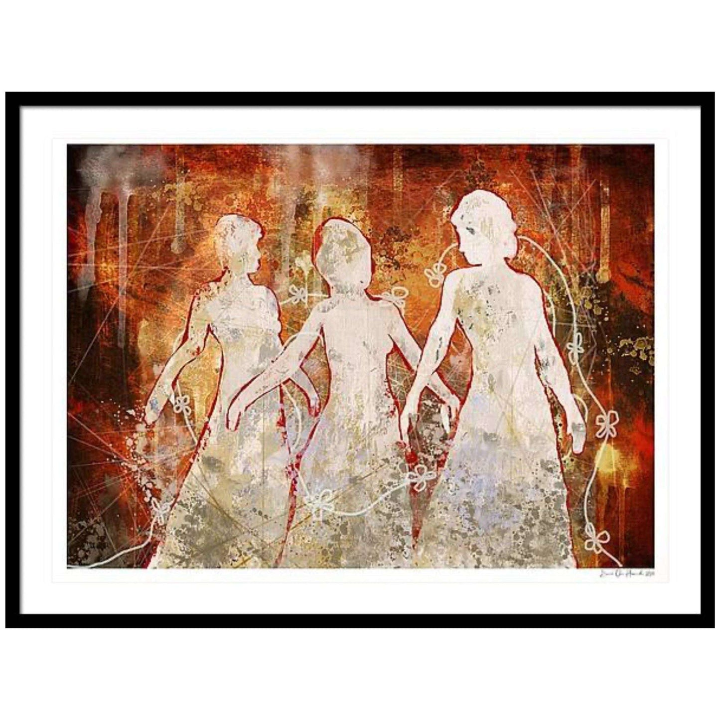 Elegant mystikk – tre hvite kvinner i fargerikt abstrakt landskap med sofistikert og gåtefullt uttrykk, kunstprint av HareideART