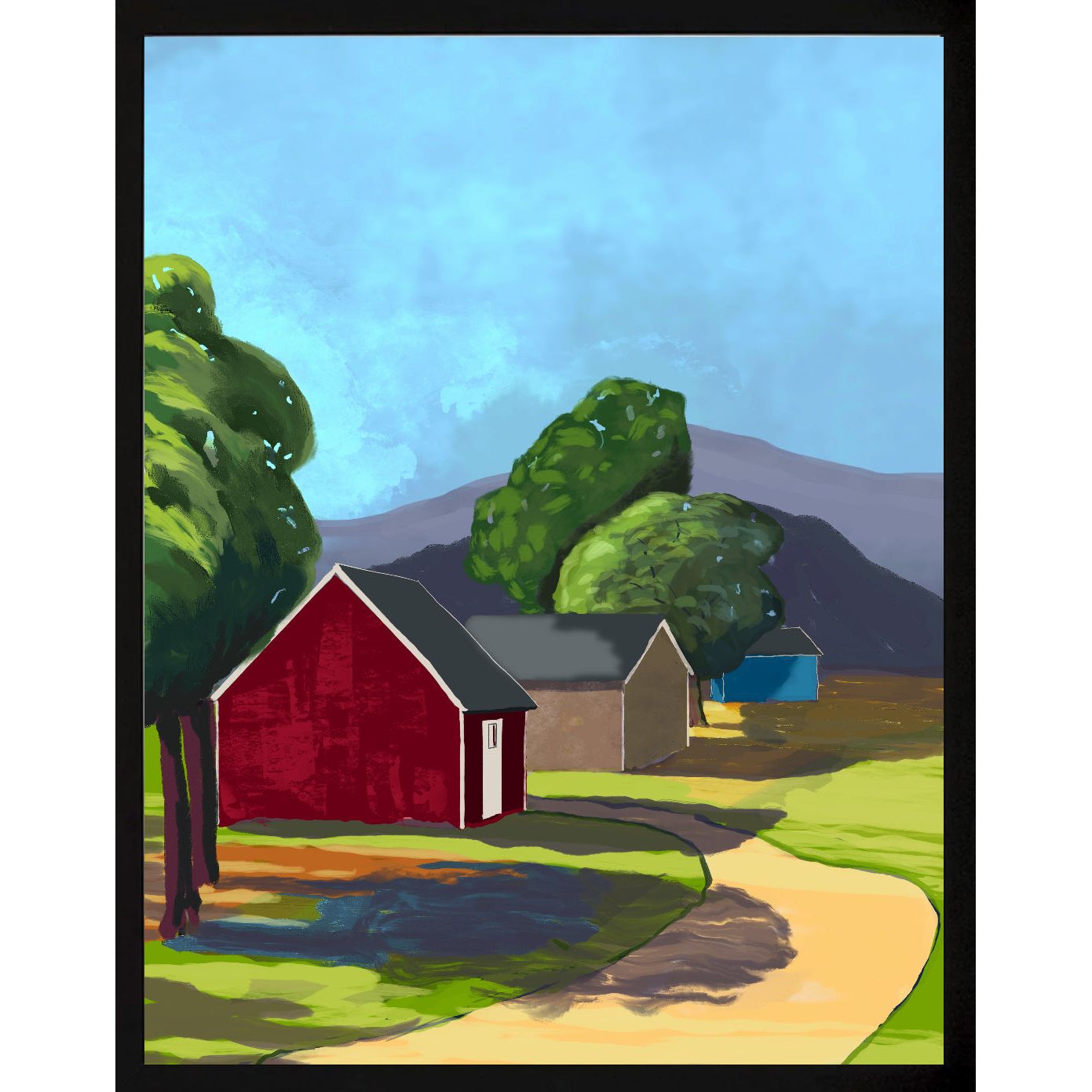Tre hus i ettermiddagssolen -  sort ramme HareideART