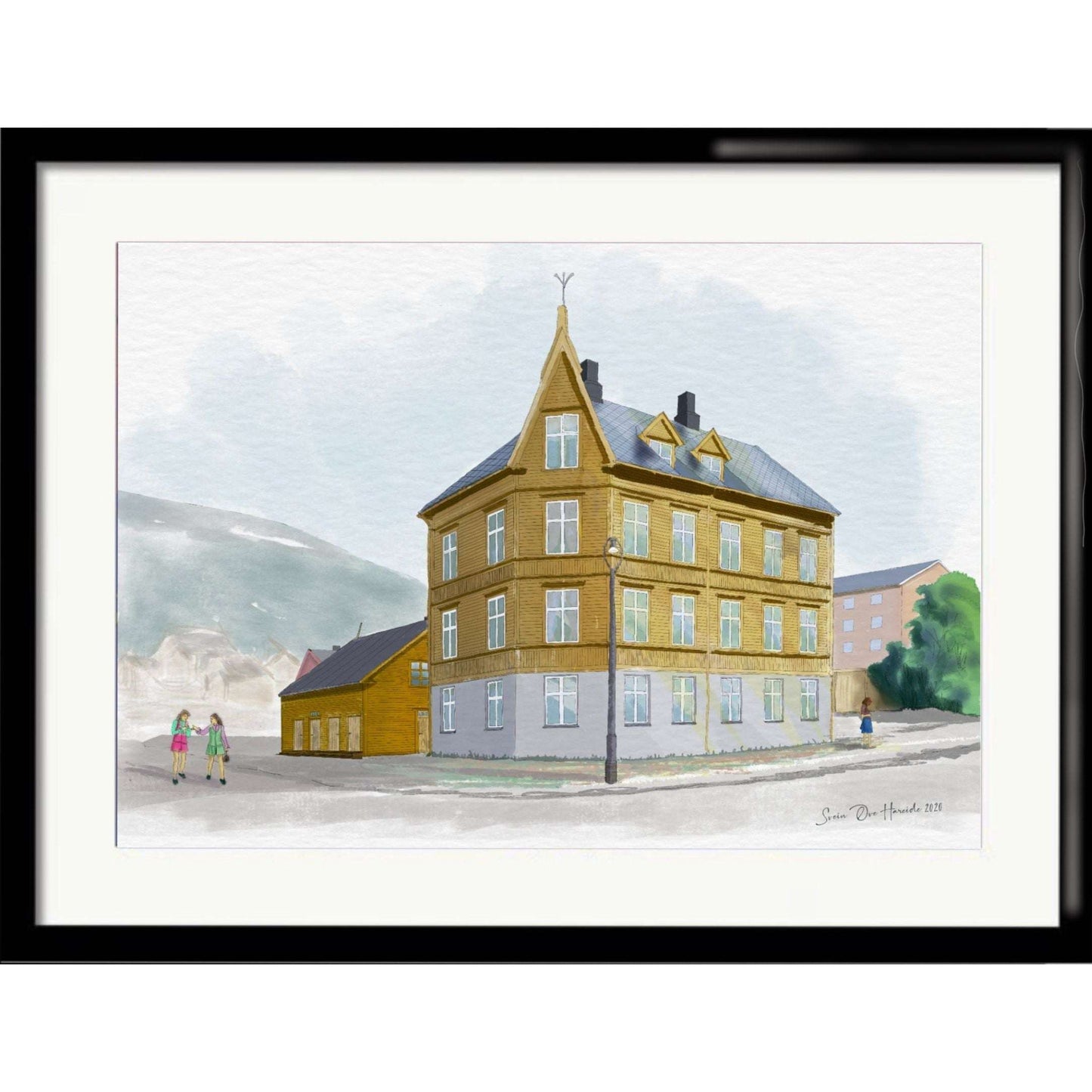 Rønning-gården Narvik i sort ramme – historisk trebygning med karakteristisk stallbygning fra tidlig Narvik, kunstprint av HareideART