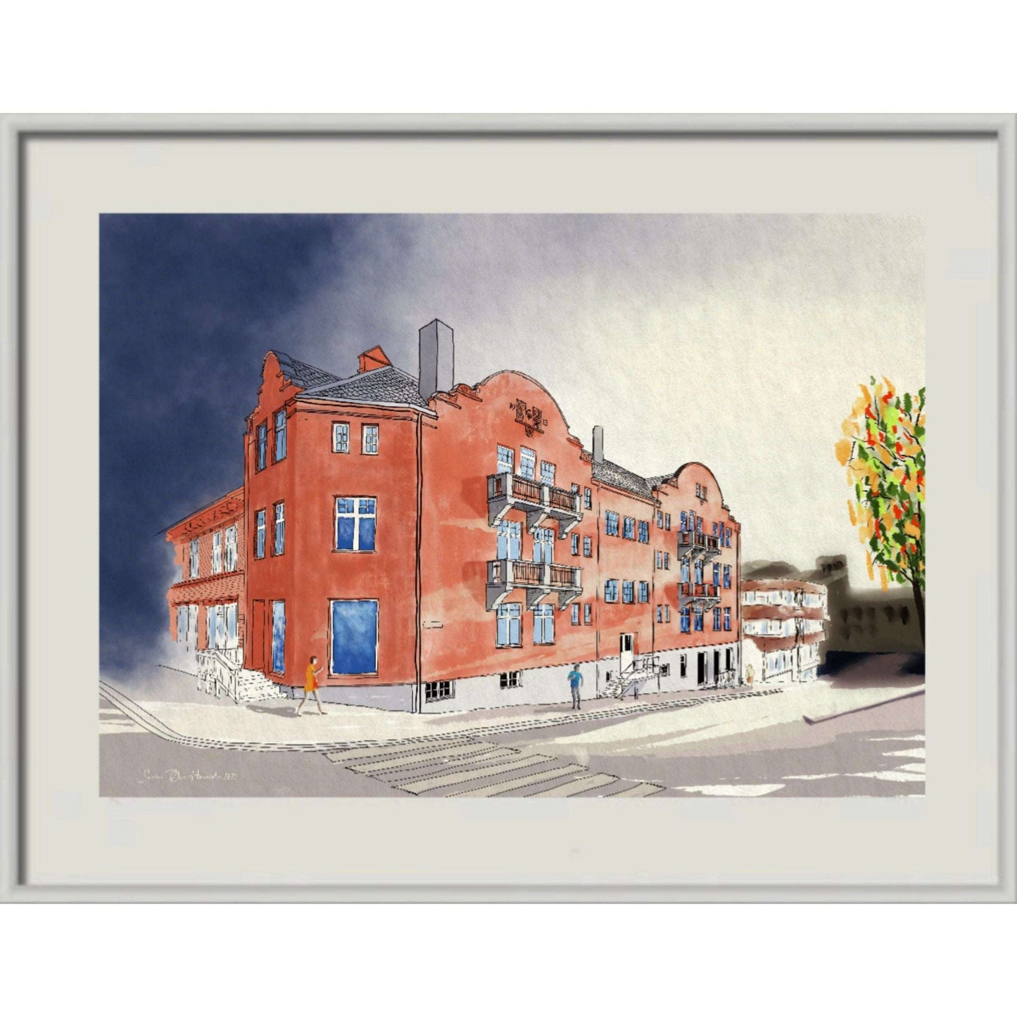 Thorsengården Narvik i sort ramme – historisk bybygning Dr.gt 59 gjennom byens utvikling og krig, kunstprint av HareideART