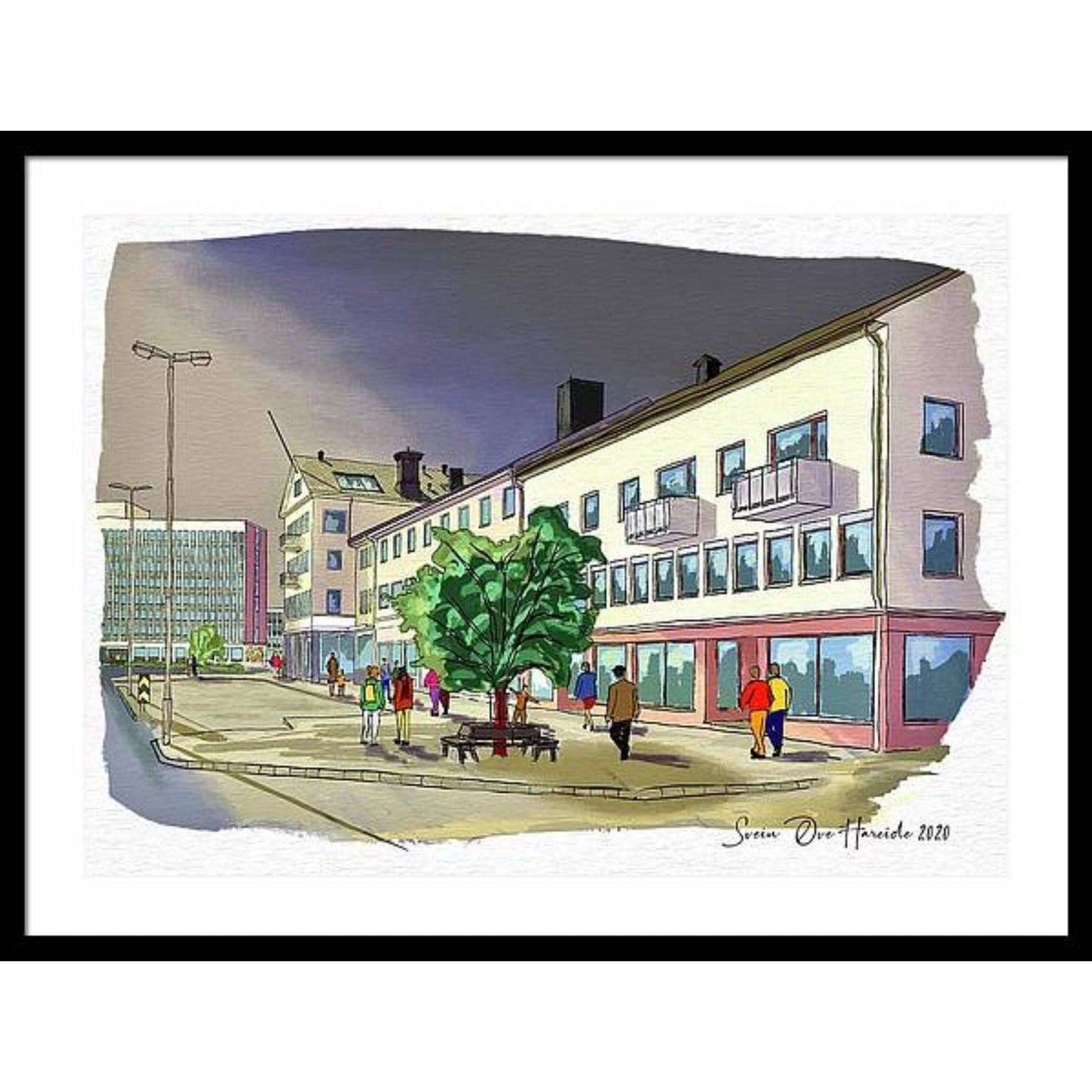Kongensgate Gate 1 Narvik i sort ramme – stemningsfullt bymotiv sett fra Mimerbakken mot Torvet, kunstprint av HareideART