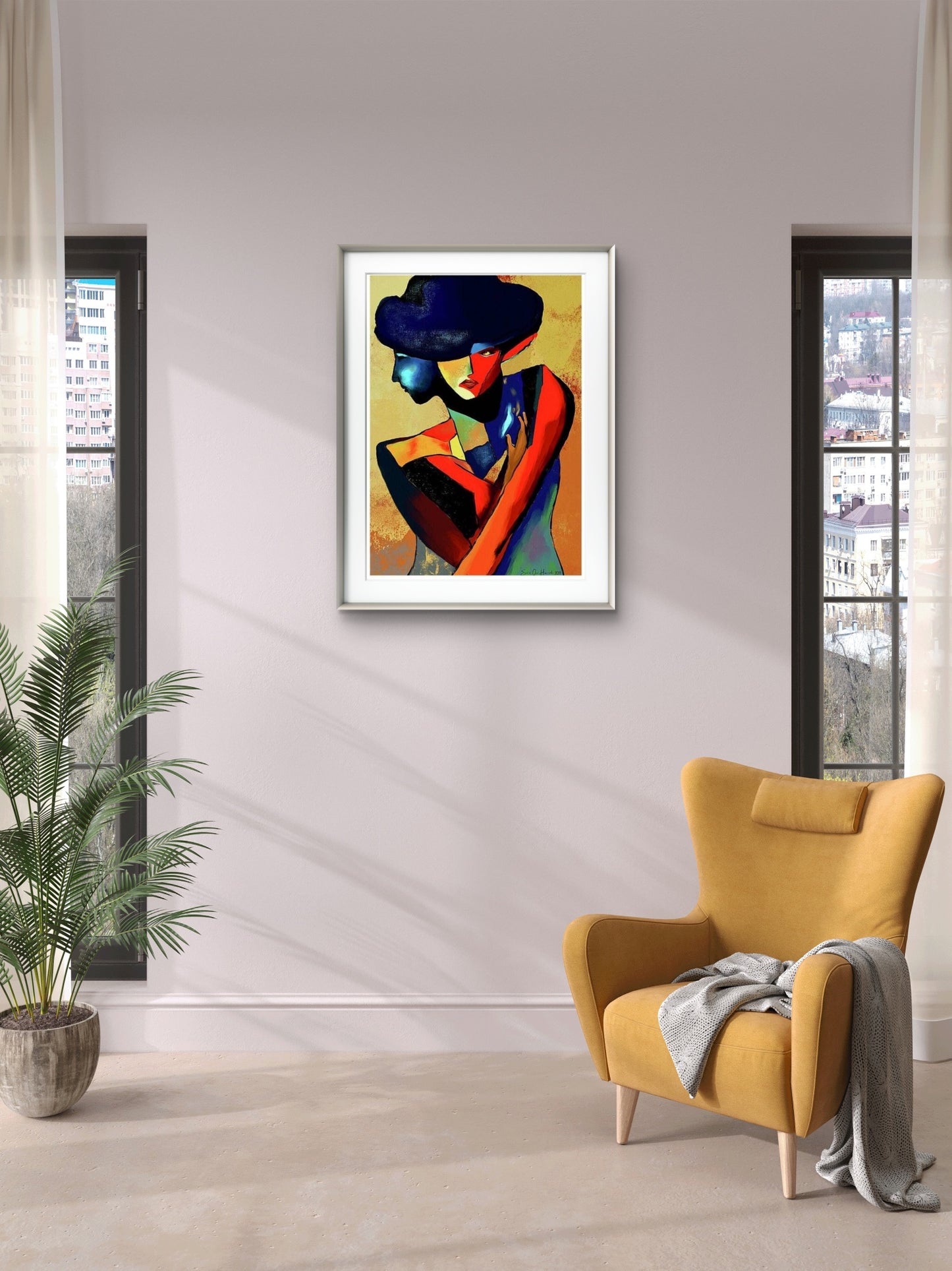 Livlige refleksjoner – fargerikt figurativt portrett med levende penselstrek og reflekterende uttrykk, kunstprint av HareideART