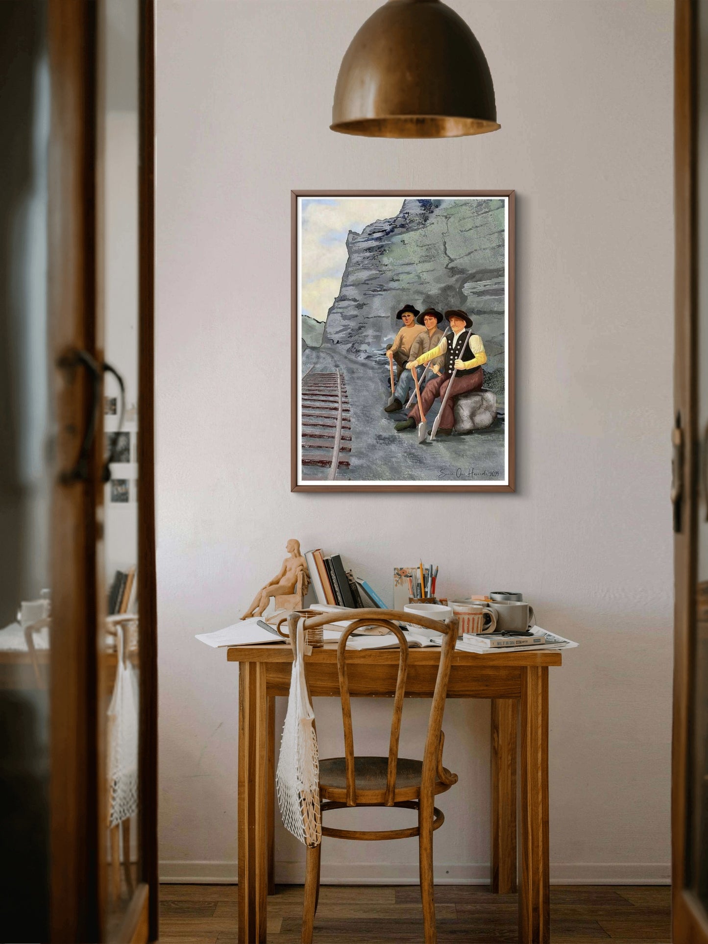 Pause under bygging av Ofotbanen – historisk Narvik-motiv med jernbanearbeidere i hvile under storslagne fjell, kunstprint av HareideART
