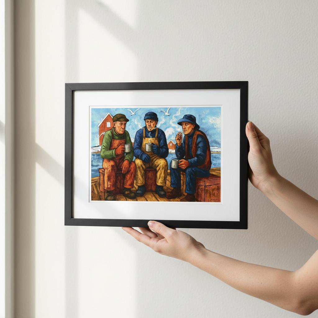 Kaffe på kaia – figurativt norsk kystlivsmotiv med koselege kaffepause ved sjantbræta, kunstprint av HareideART