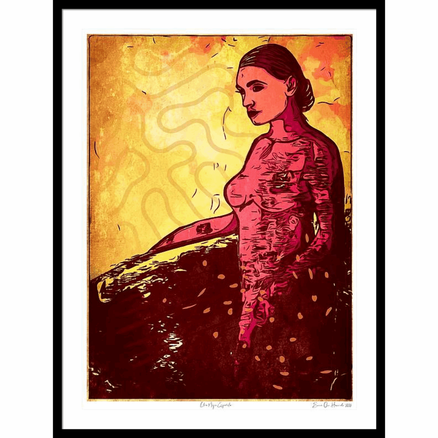 Spansk kvinne portrett – stemningsfull figurativ kunst med varme fargetoner og ekspressivt uttrykk, kunstprint av HareideART