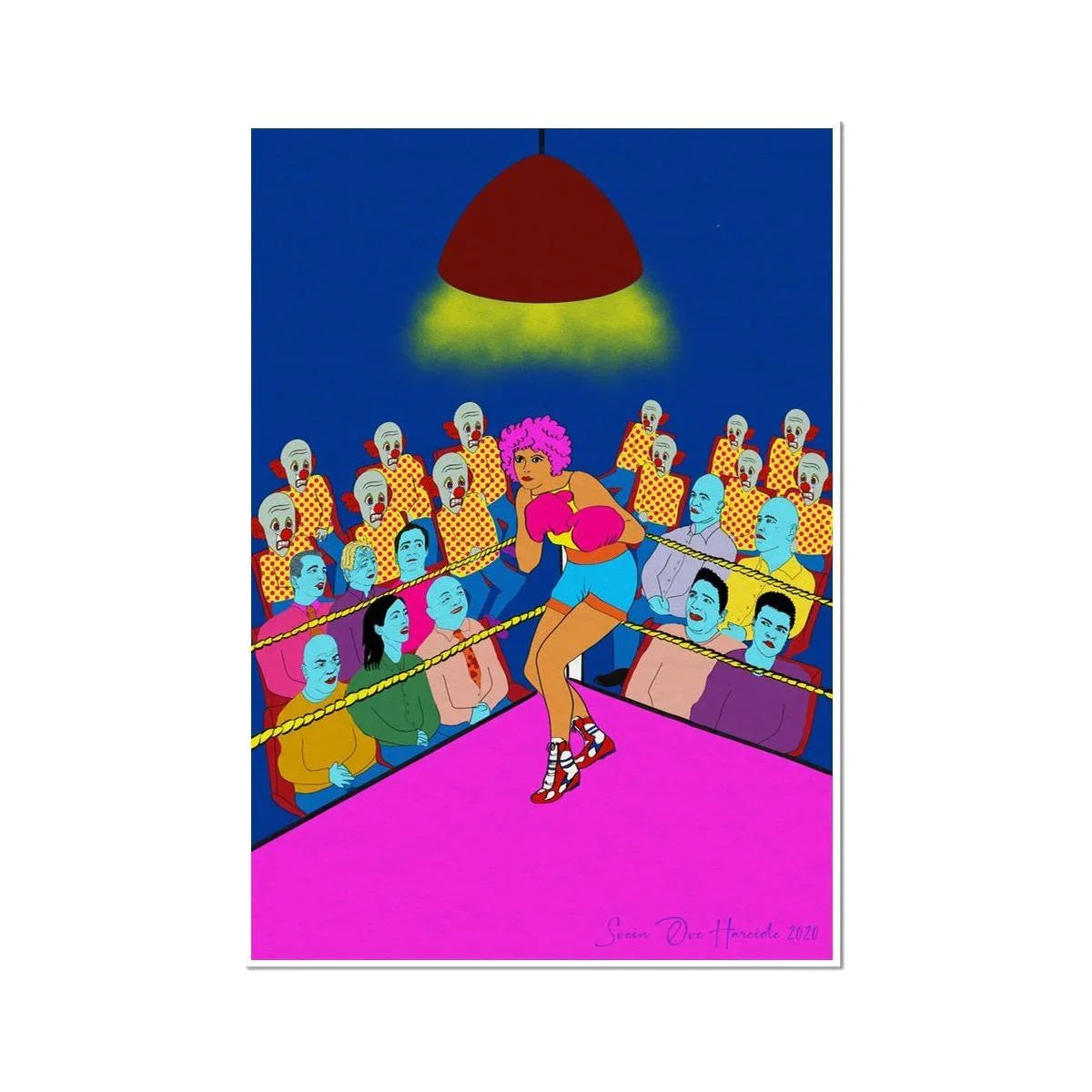 The Female Boxer i sort ramme – kraftfull pop art portrett av kvinnelig bokser med fokus og styrke, digitalt kunstprint av HareideART