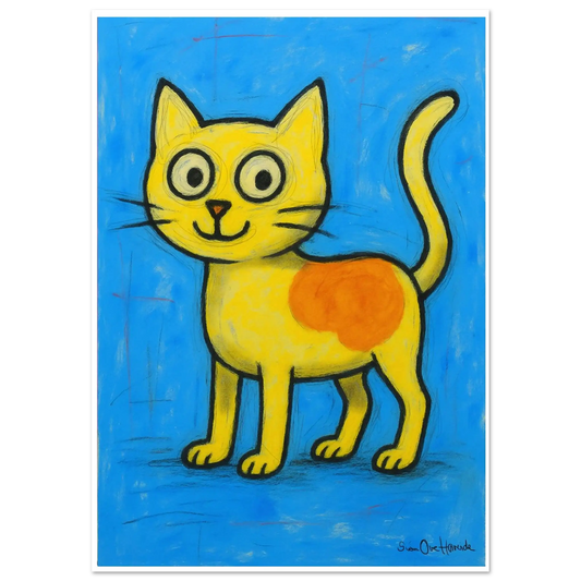 Den glade katten – fargerikt og lekent dyrekunstverk med en fornøyd katt i ekspressiv illustrasjonsstil, kunstprint av HareideART