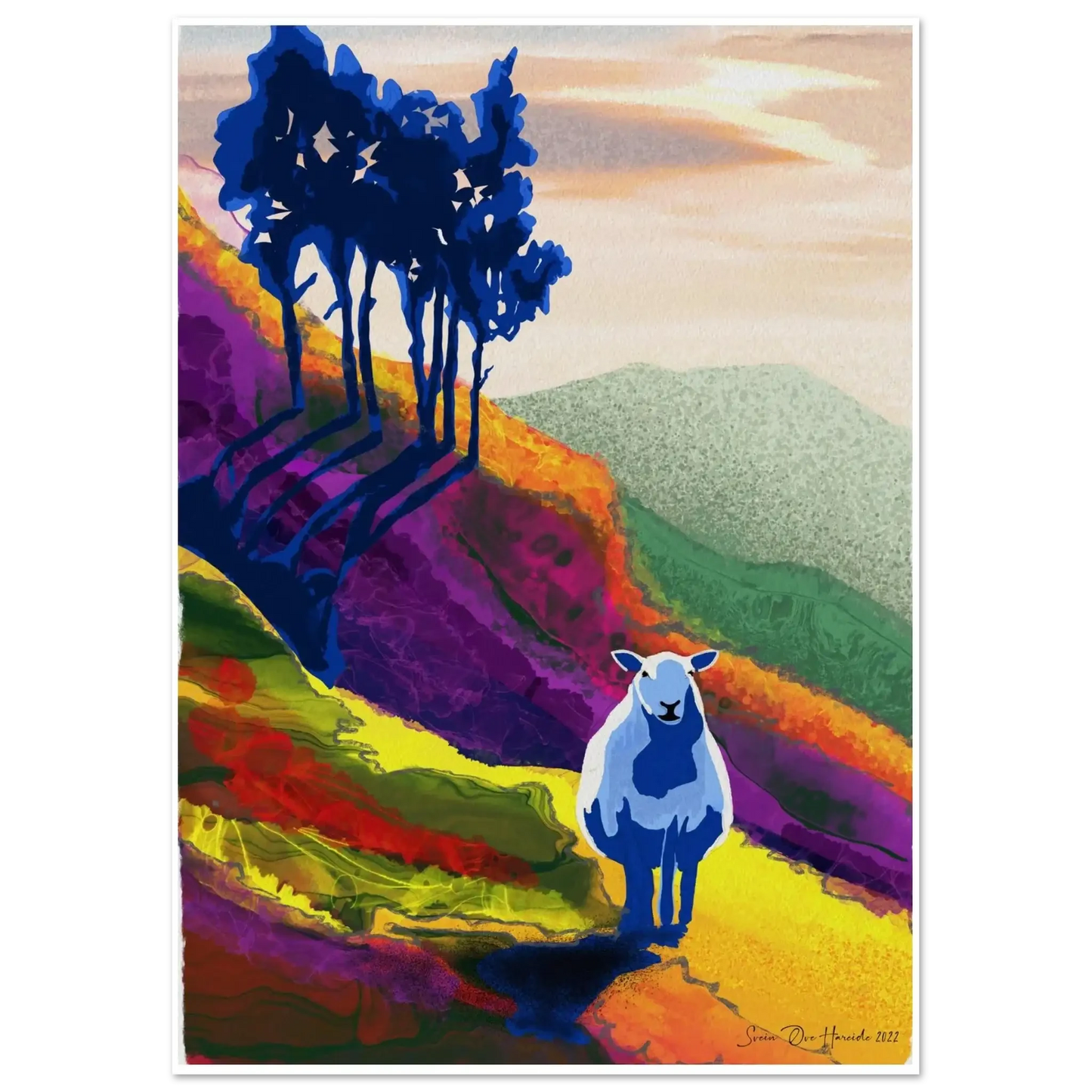 Ensom sau i lia – drømmende og melankolsk dyremotiv med ensom sau i frodig norsk fjellbakke, kunstprint av HareideART