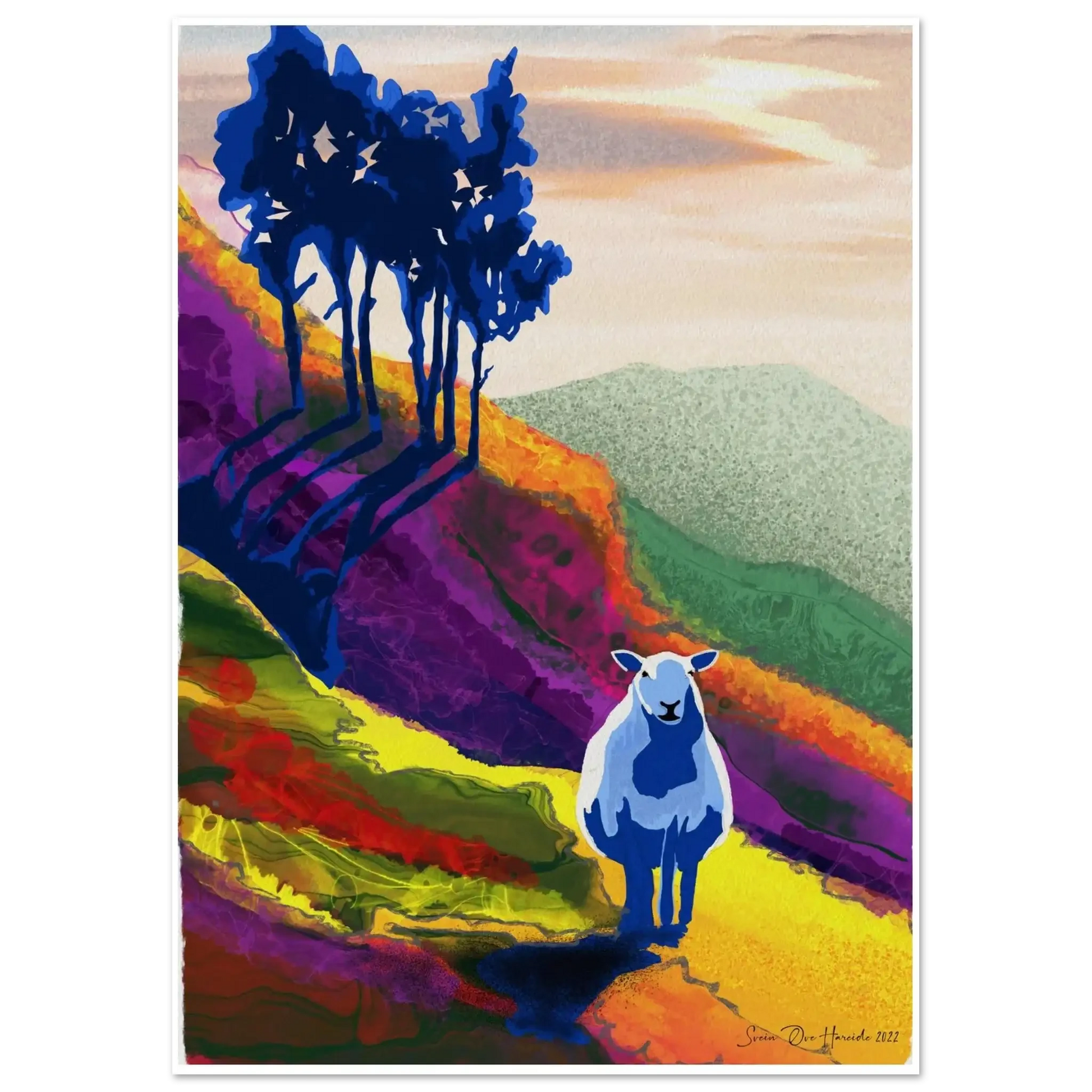 Ensom sau i lia – drømmende og melankolsk dyremotiv med ensom sau i frodig norsk fjellbakke, kunstprint av HareideART