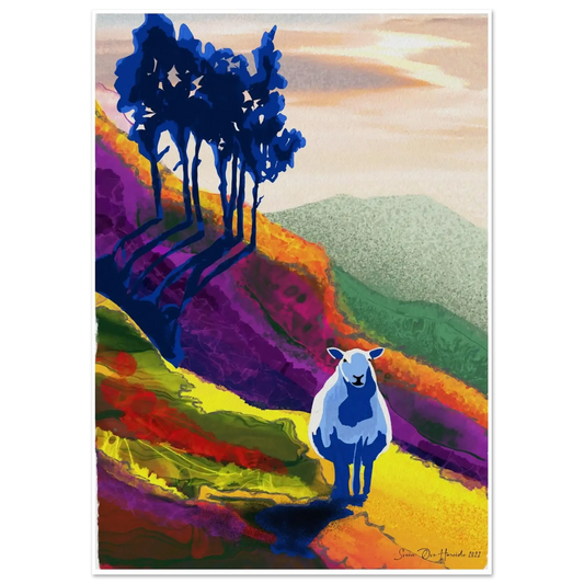 Ensom sau i lia – drømmende og melankolsk dyremotiv med ensom sau i frodig norsk fjellbakke, kunstprint av HareideART