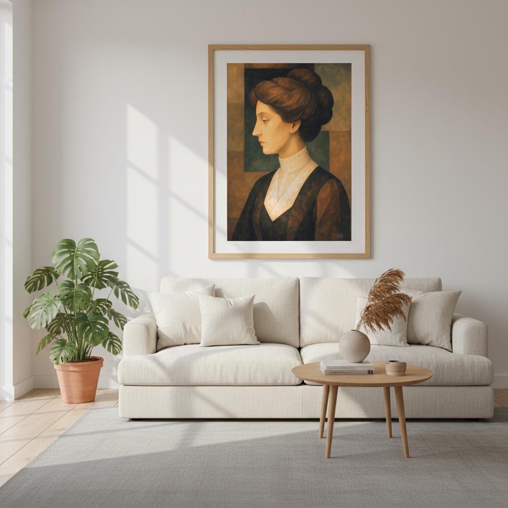 Tidløs portrett over sofa