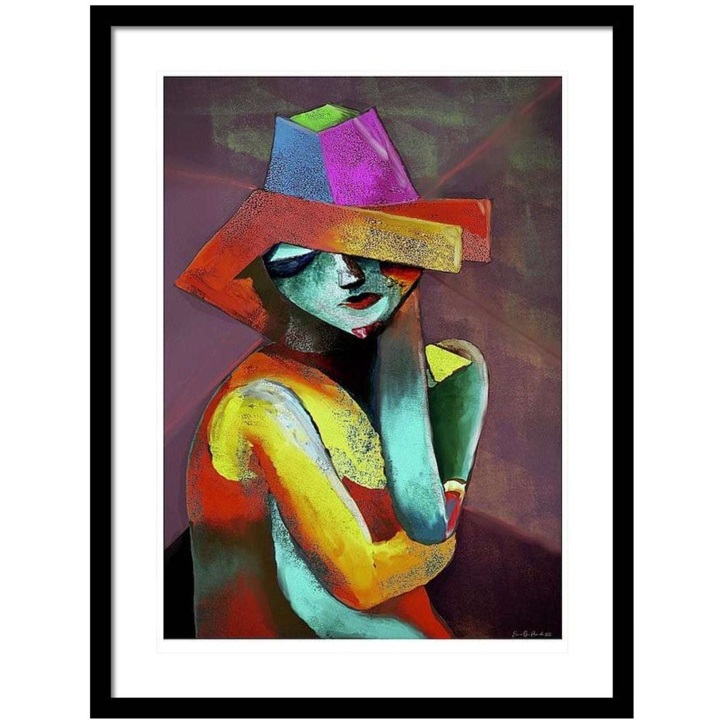 Dame med hatt – elegant figurativt portrett med høy hatt og sofistikert uttrykk, kunstprint av HareideART
