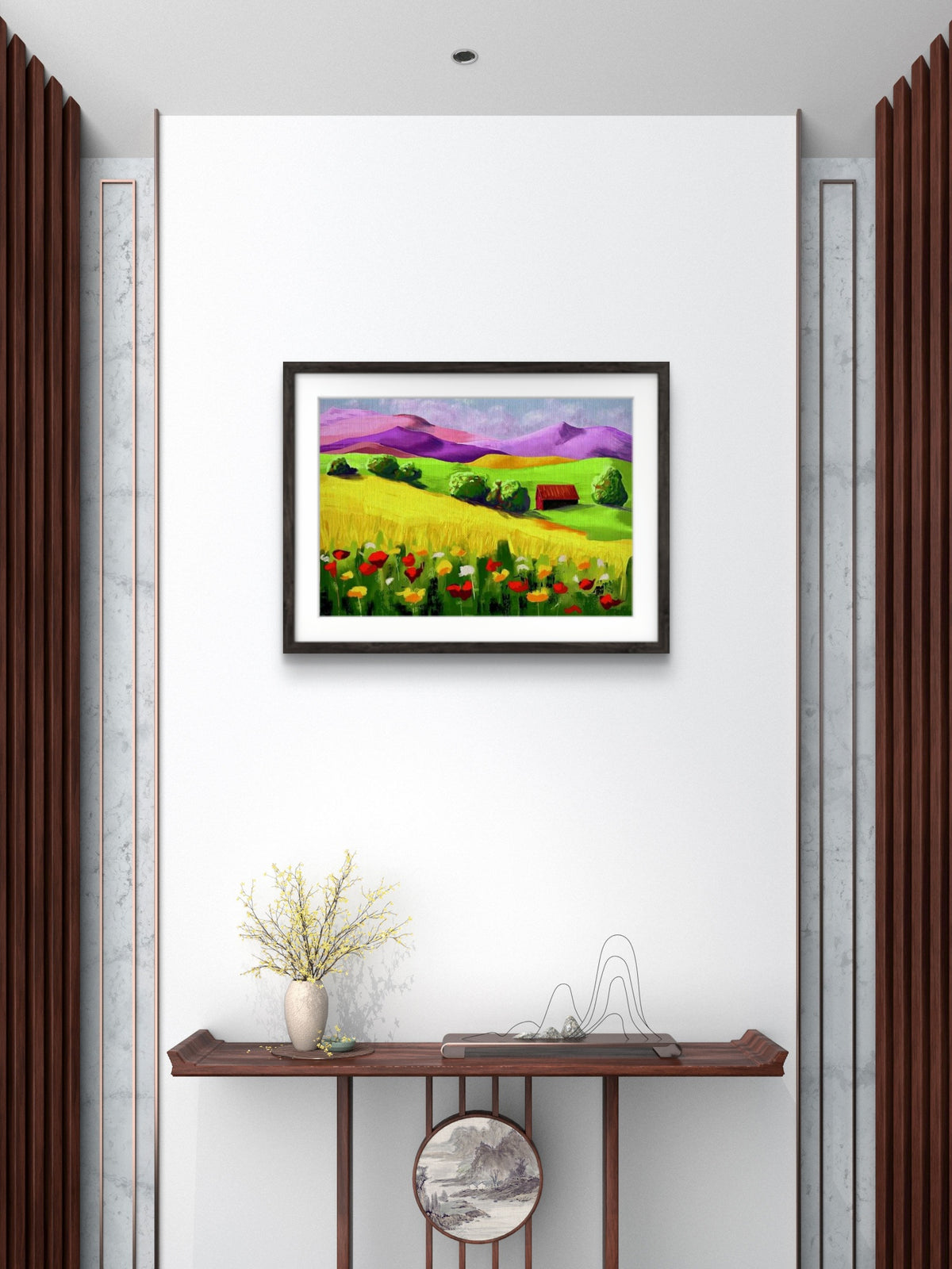 Sommerlandskap – mockup på vegg, giclée-trykk av HareideART