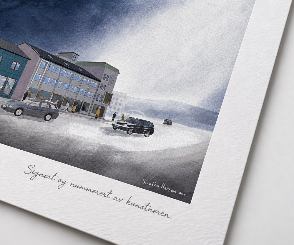Brekkegården – historisk bygning i Narvik oppkalt etter Julius Brekke, vist i ramme, giclée-trykk, detalje
