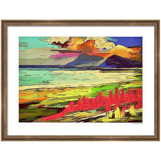 Abstrakt Lofoten – nordnorsk fjordlandskap i abstrakt stil med øyenes konturer og havets skiftende farger, kunstprint av HareideART