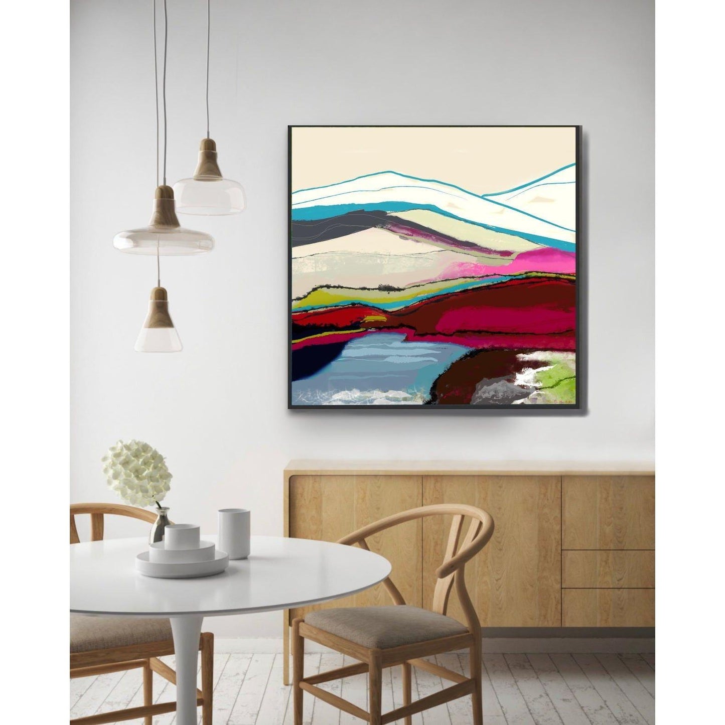 Abstrakt kvadratisk naturlandskap vist som veggdekor – canvas 80x80 cm, perfekt for kvadratiske vegger og symmetriske galleri-oppsett, Bildet malt av HareideART