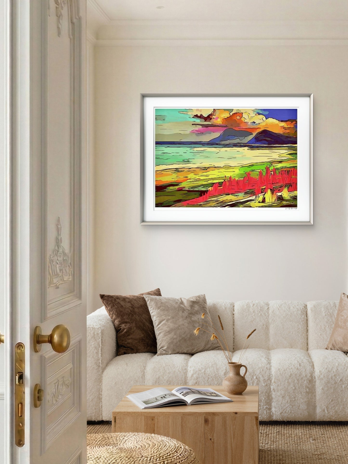Abstrakt Lofoten – nordnorsk fjordlandskap i abstrakt stil med øyenes konturer og havets skiftende farger, kunstprint av HareideART