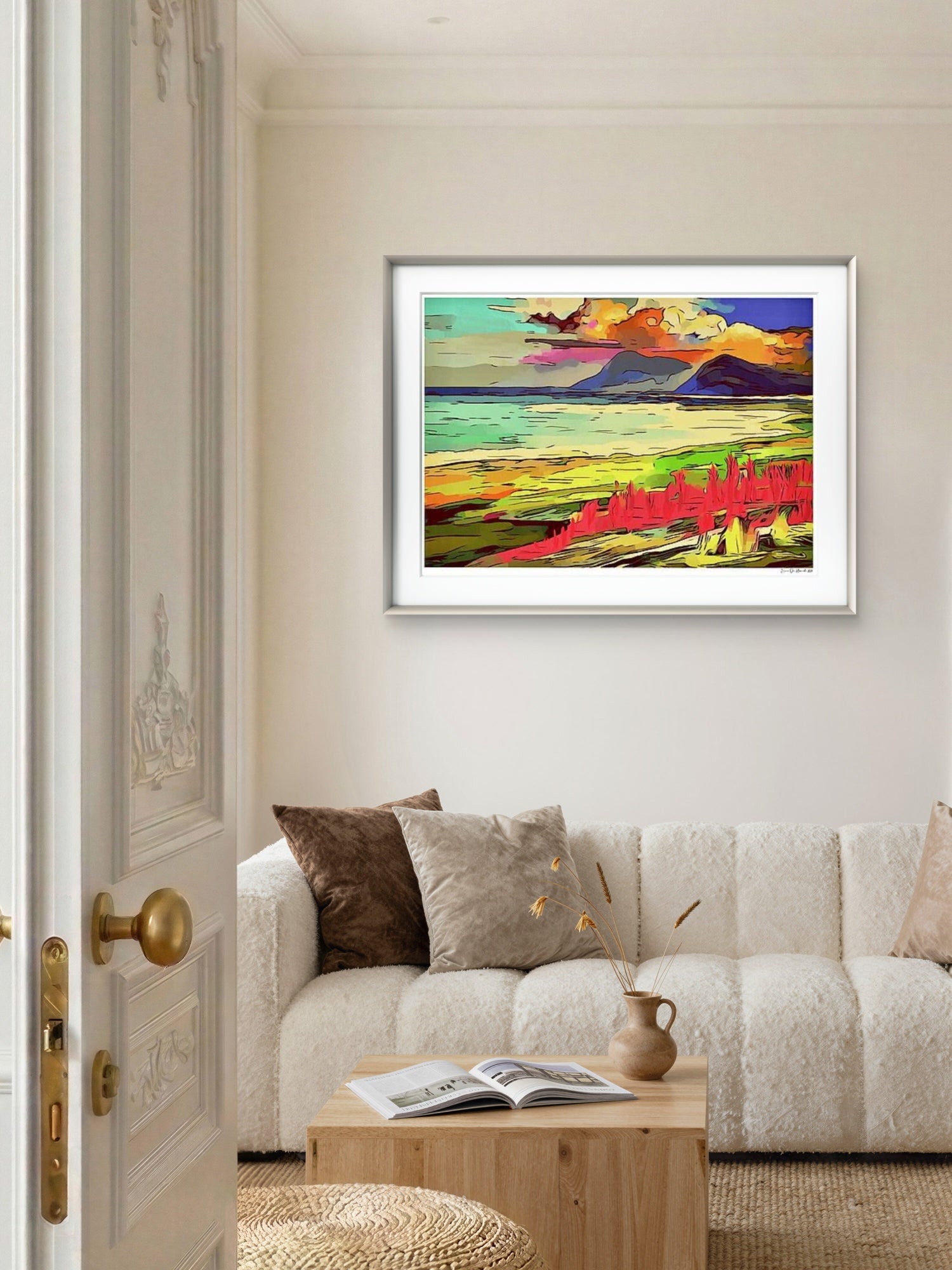 Abstrakt Lofoten – nordnorsk fjordlandskap i abstrakt stil med øyenes konturer og havets skiftende farger, kunstprint av HareideART