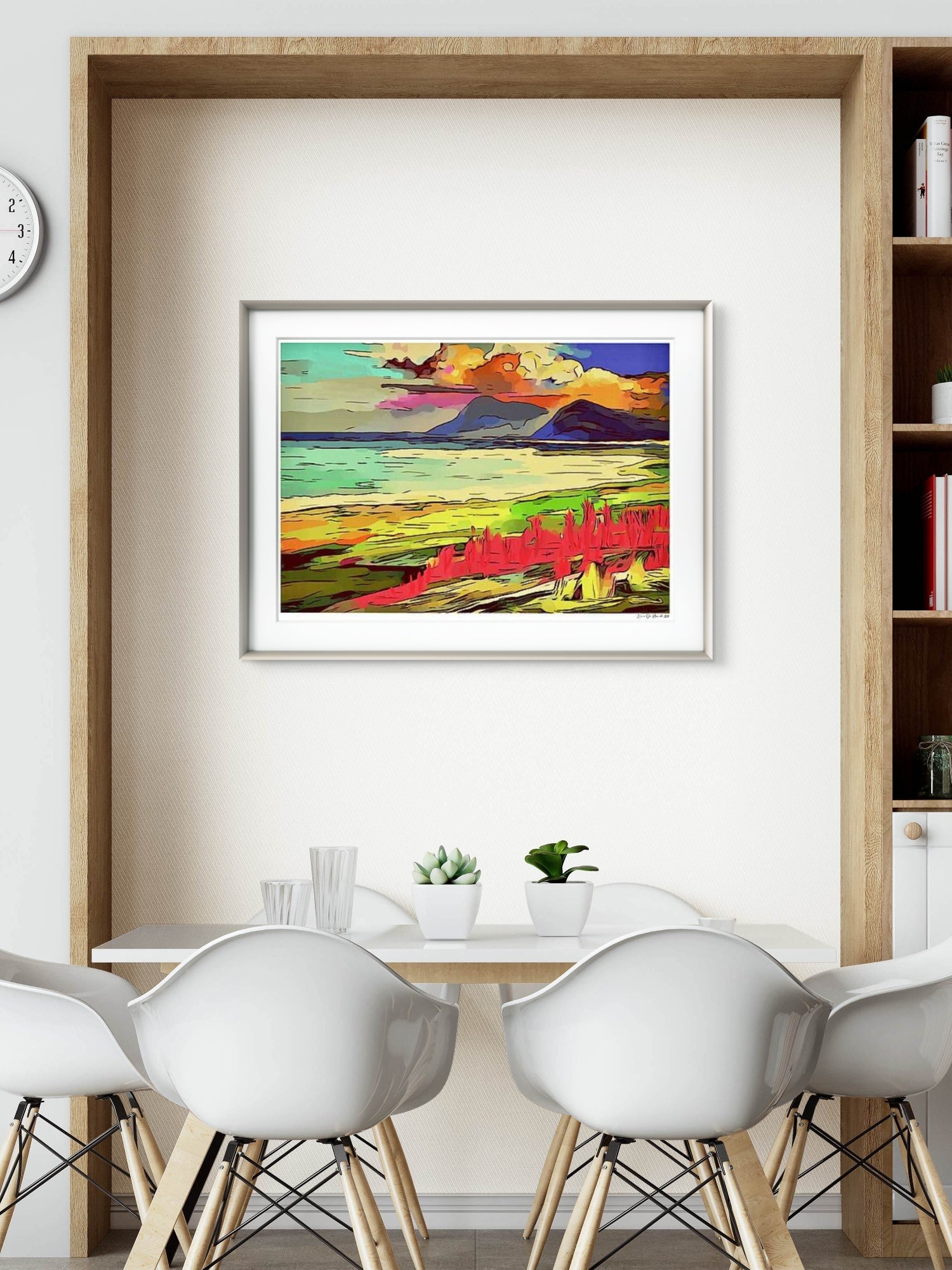 Abstrakt Lofoten – nordnorsk fjordlandskap i abstrakt stil med øyenes konturer og havets skiftende farger, kunstprint av HareideART