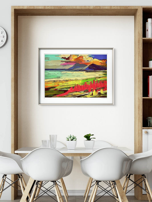Abstrakt Lofoten – nordnorsk fjordlandskap i abstrakt stil med øyenes konturer og havets skiftende farger, kunstprint av HareideART