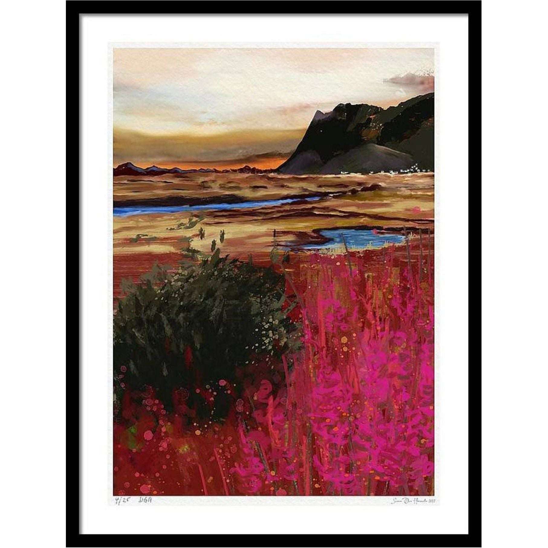 Lofoten abstrakt solnedgang i sort ramme – magisk nordnorsk kveldsscene med restlys etter solnedgang, giclée print av HareideART