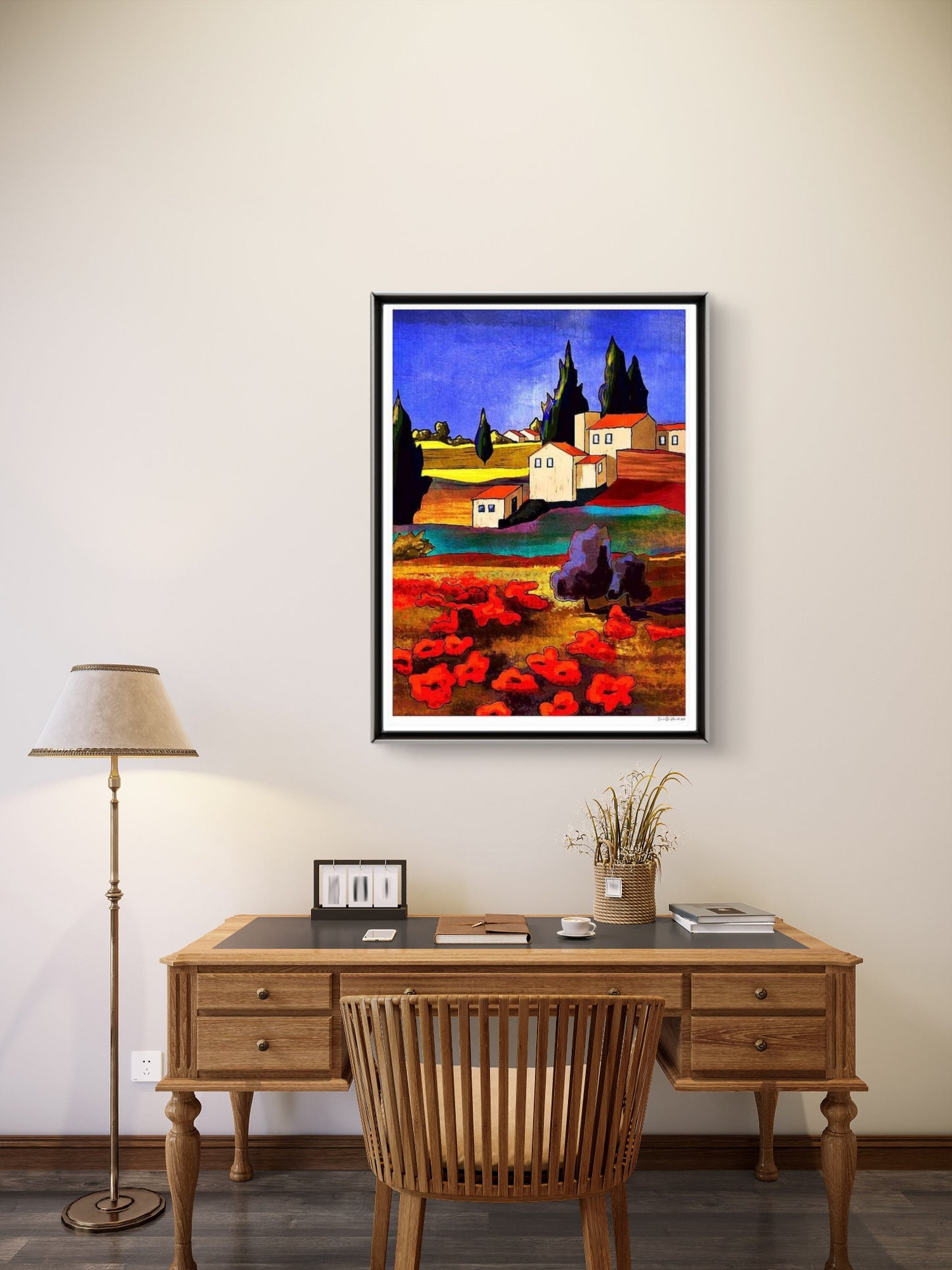 Abstrakt-Spansk-Landskap-Kunstprint-med-brun-ramme