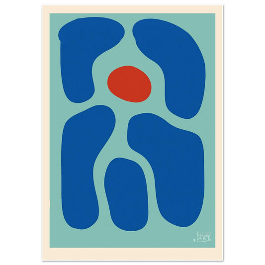 Rød kjerne – abstrakt kunsttrykk med intens rød kjerne omgitt av dype blå felt i visuell balanse, kunstprint av HareideART