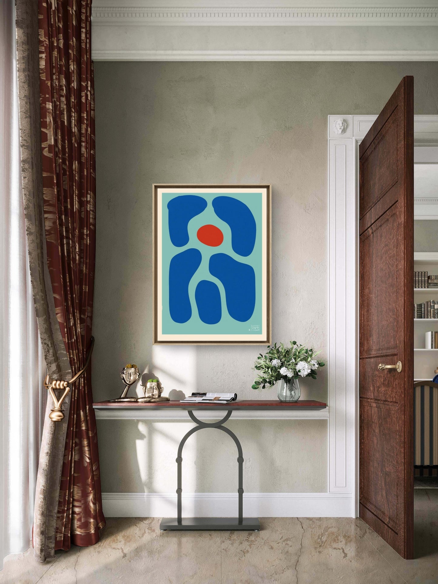 Abstrakt kunsttrykk med dype blå felt som omgir en intens rød kjerne, skapende visuell balanse mellom varme og kulde
