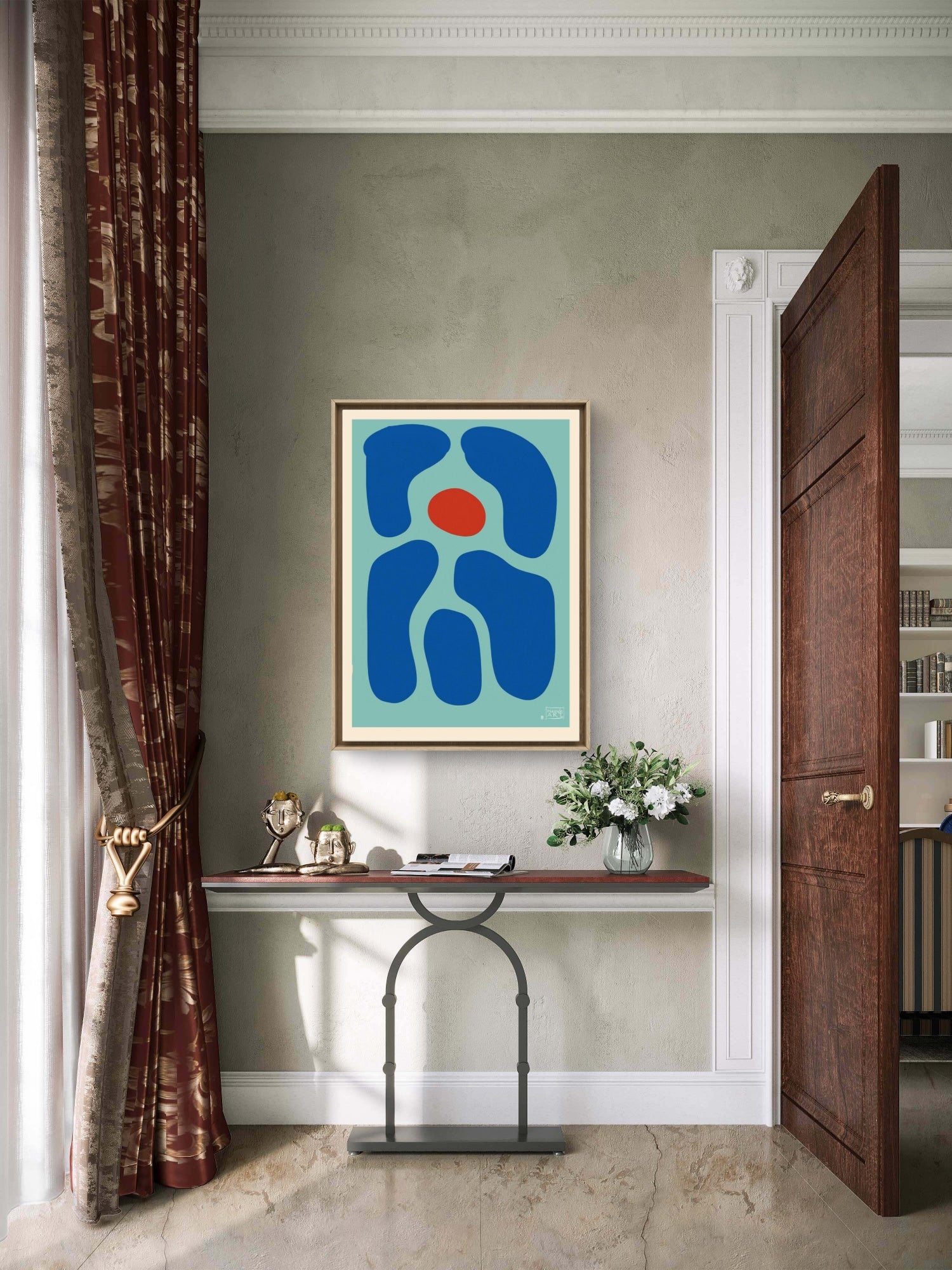 Abstrakt kunsttrykk med dype blå felt som omgir en intens rød kjerne, skapende visuell balanse mellom varme og kulde