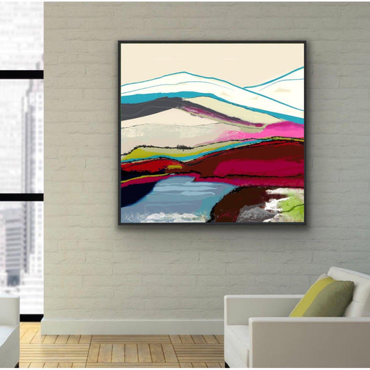 Abstrakt kvadratisk landskap i 80x80 cm – harmoniske naturfarger i balansert kvadratisk komposisjon, digitalt canvas-print av HareideART