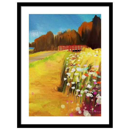 Abstrakt naturscene fra turstien rundt Langvannet i Østmarka – frodig skogsti i levende farger og rolig atmosfære, digitalt kunstprint av HareideART