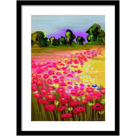 Abstrakt valmueeng med fargerik symfoni av røde, rosa og hvite blomster som danser i vinden – digitalt kunstprint av Svein Ove Hareide, HareideART
